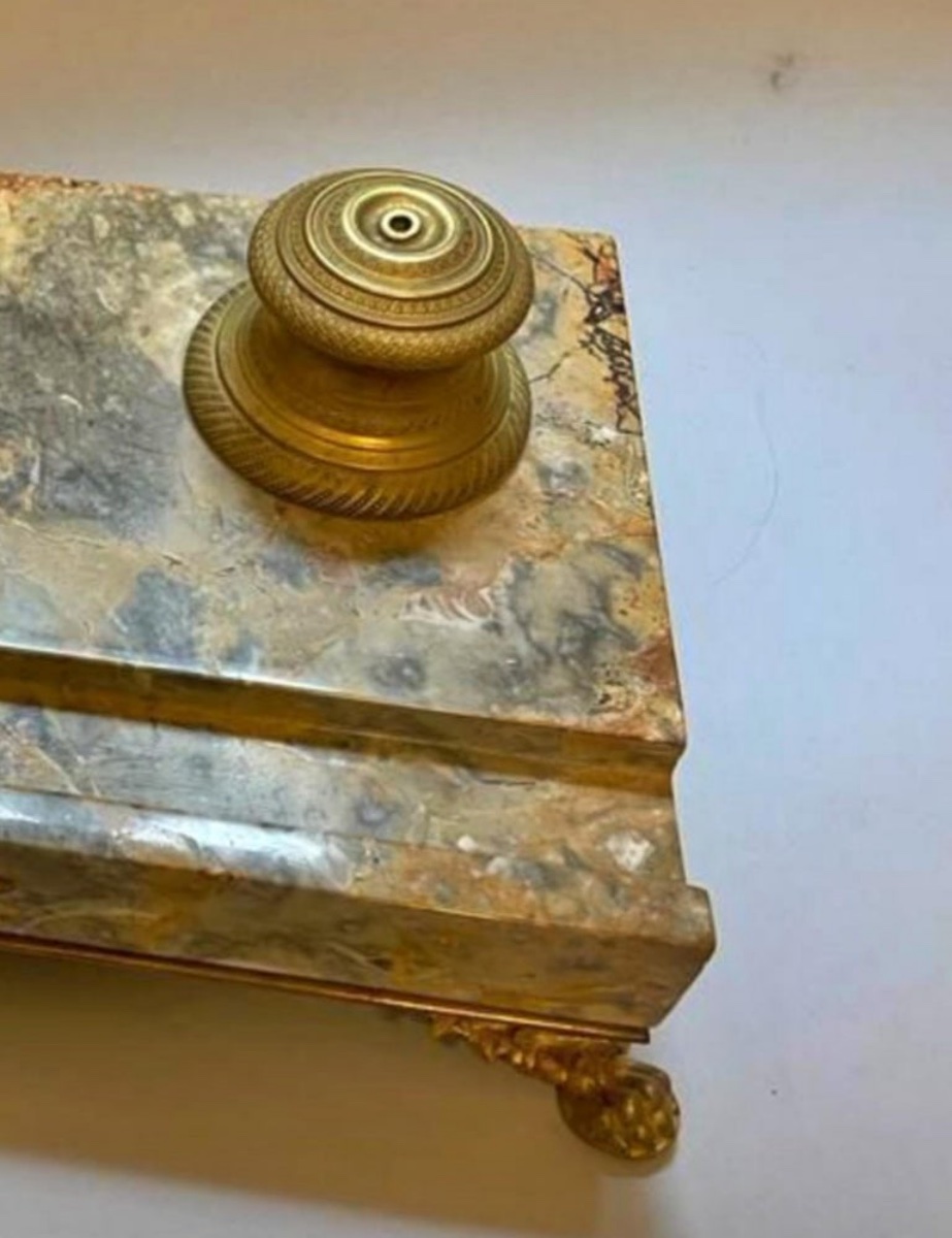 Encrier De Bureau En Marbre Jaune De Sienne Et Bronze, époque Napoléon III, XIXe Siècle-photo-1