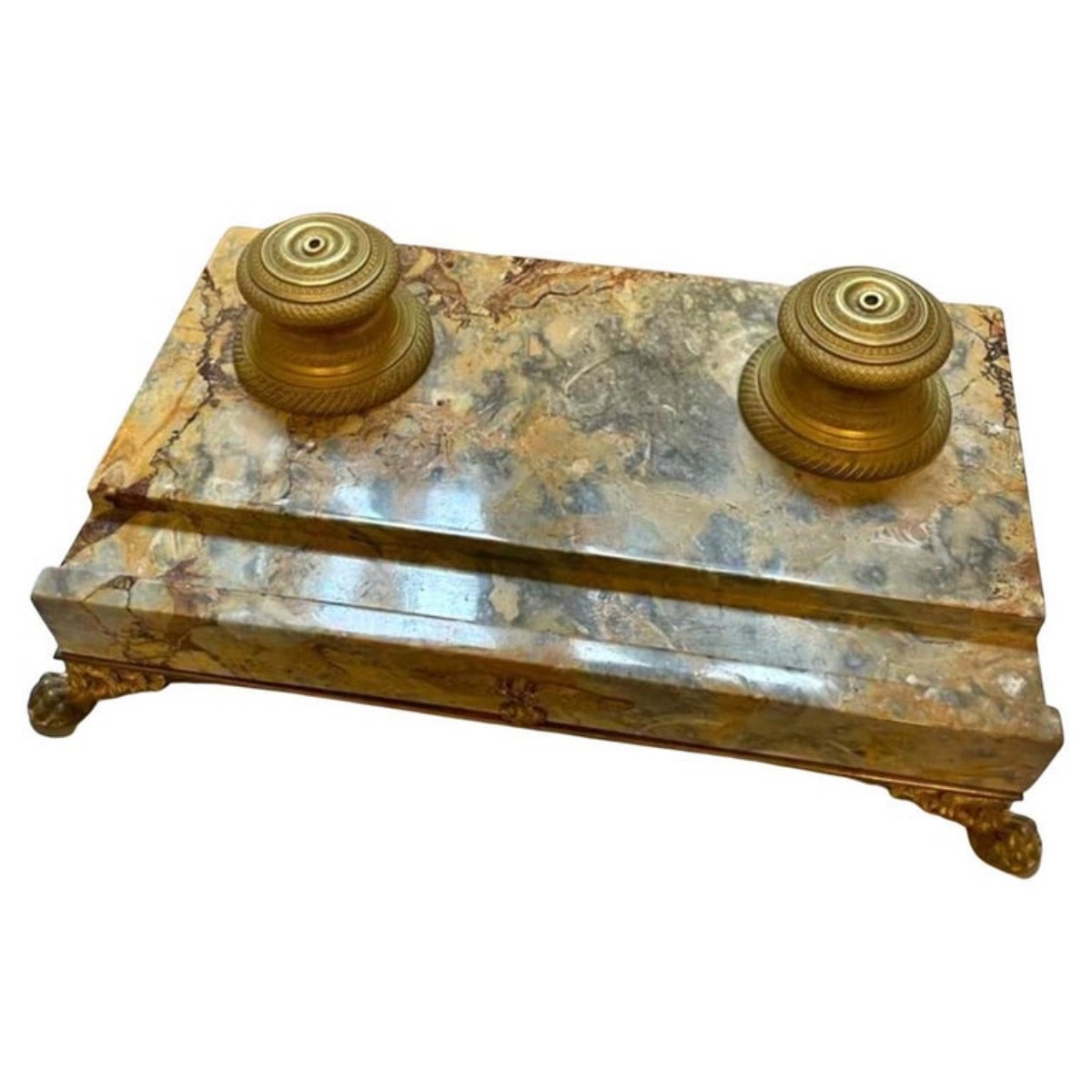 Encrier De Bureau En Marbre Jaune De Sienne Et Bronze, époque Napoléon III, XIXe Siècle