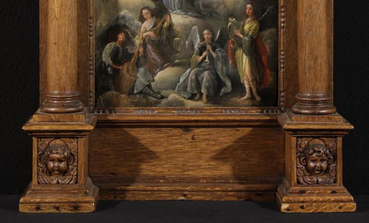 Painting On Panel From The Spanish School, 17th Century, "the Adoration Of Mary"-photo-2