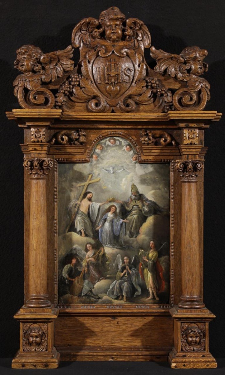 Painting On Panel From The Spanish School, 17th Century, "the Adoration Of Mary"-photo-1