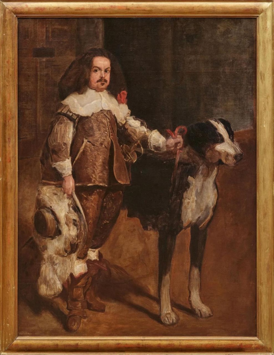 ÉCOLE ESPAGNOLE, XIXe siècle. Titre : « Nain au chien ».  Copie de Diego Velázquez.