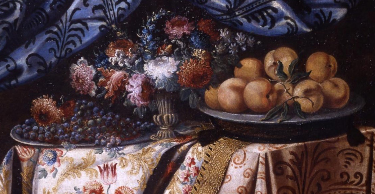 Antonio Gianlisi, XVIIe siècle « Nature morte à l'assiette de pêches, fleurs et draperies »-photo-2