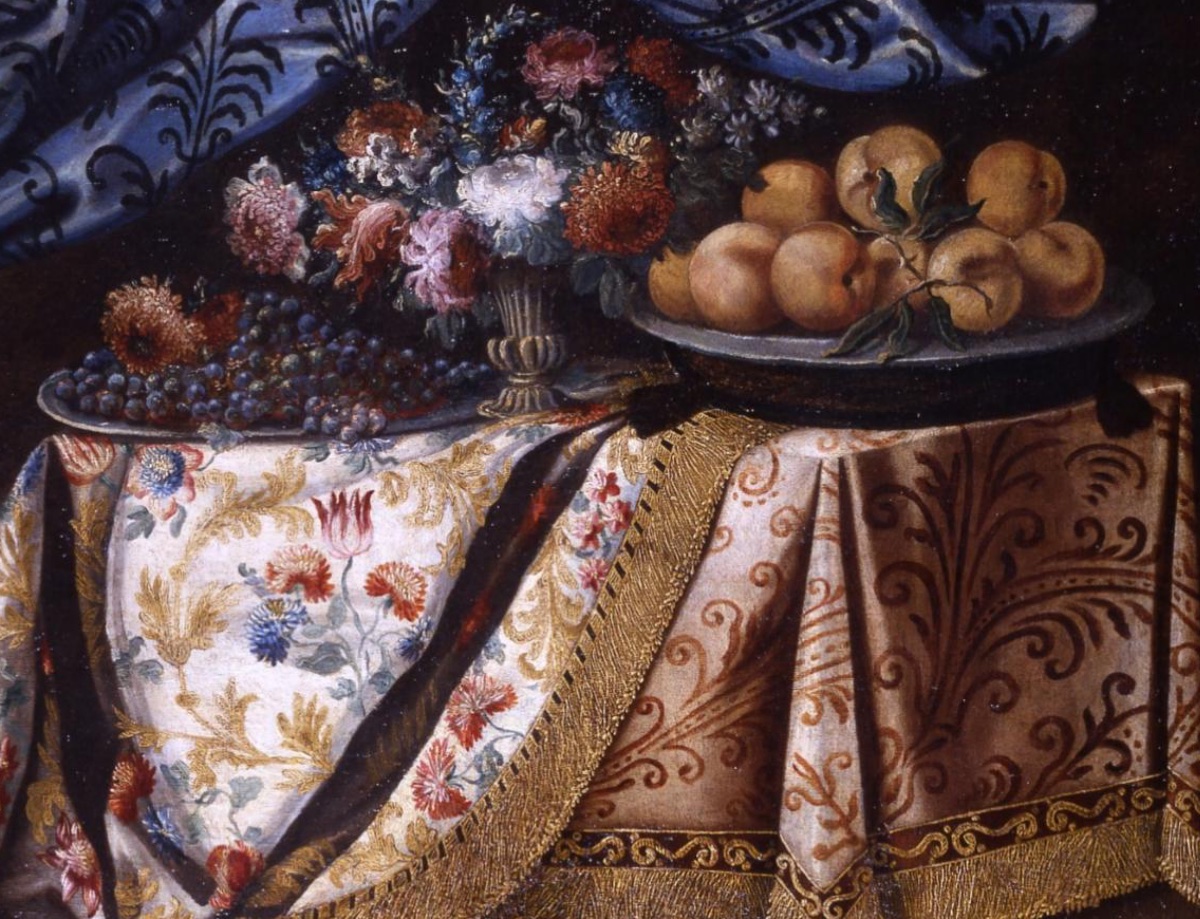 Antonio Gianlisi, XVIIe siècle « Nature morte à l'assiette de pêches, fleurs et draperies »-photo-4