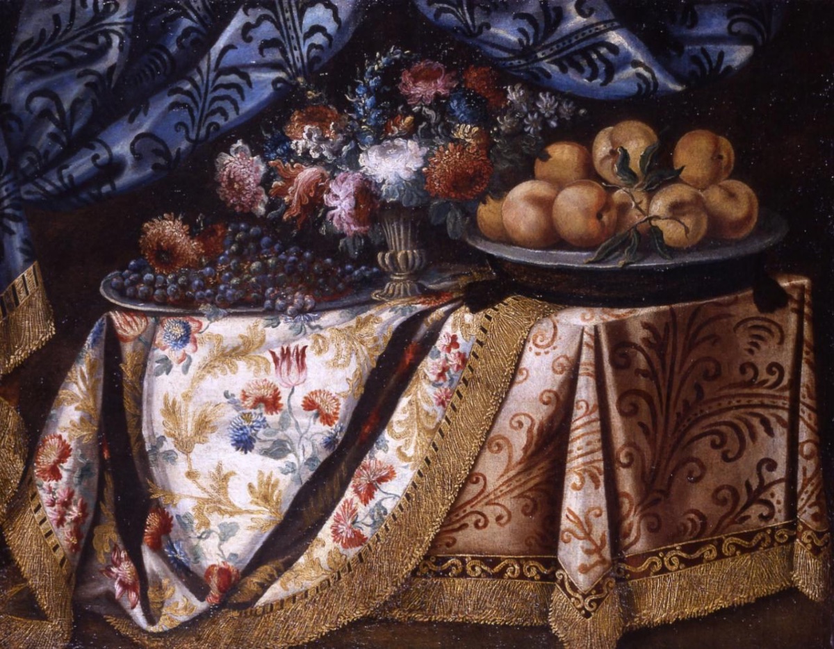 Antonio Gianlisi, XVIIe siècle « Nature morte à l'assiette de pêches, fleurs et draperies »-photo-1