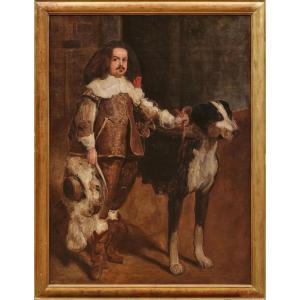 ÉCOLE ESPAGNOLE, XIXe siècle. Titre : « Nain au chien ».  Copie de Diego Velázquez.