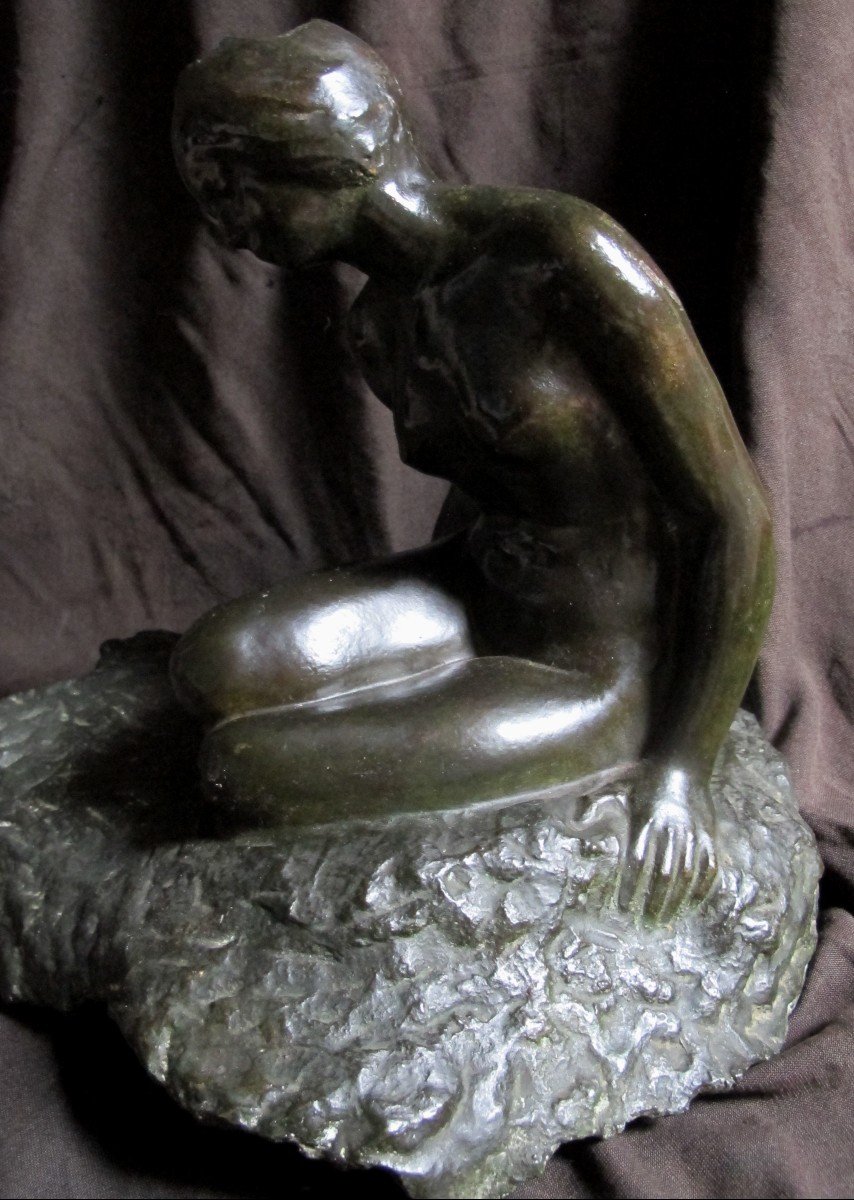 Bronze Femme Assise Nue Patine Verte-photo-2