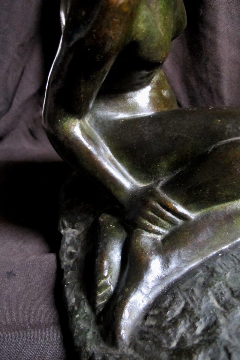 Bronze Femme Assise Nue Patine Verte-photo-4