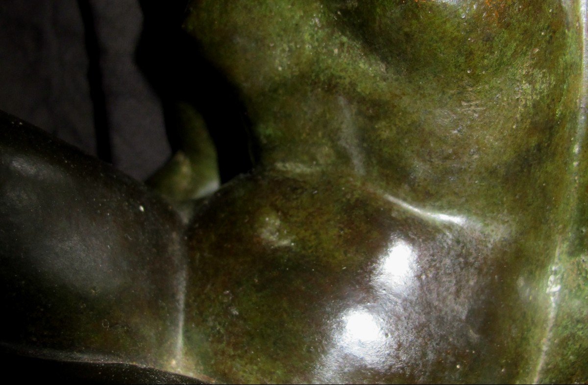 Bronze Femme Assise Nue Patine Verte-photo-2