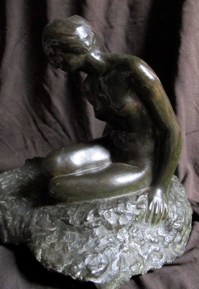 Bronze Femme Assise Nue Patine Verte-photo-6