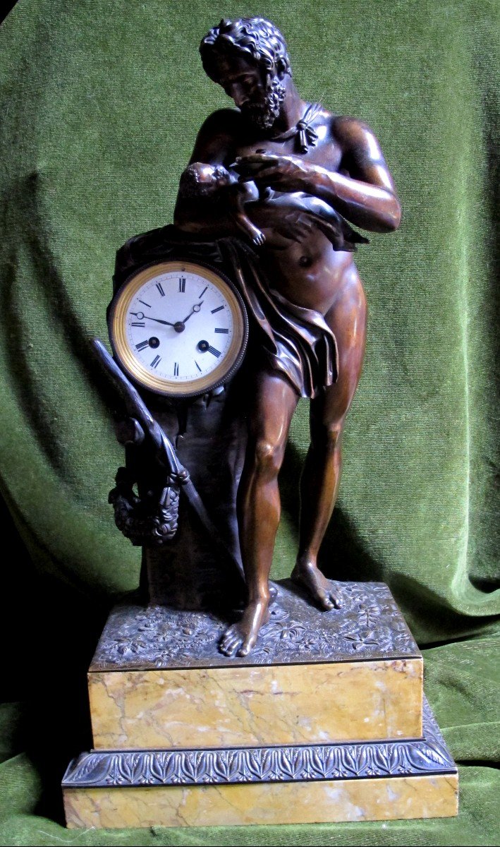Pendule Empire Bronze Marbre de Sienne Asclépios 