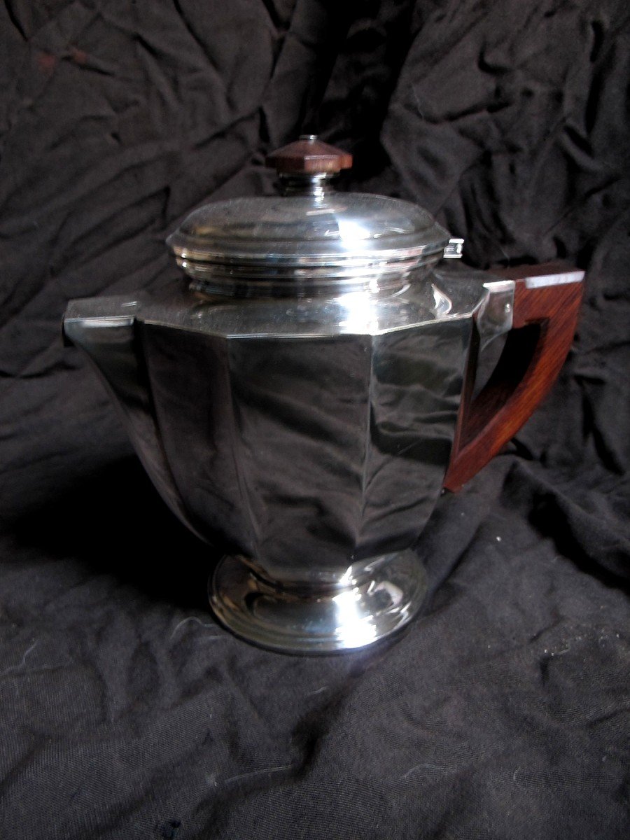 Service Thé Café Art Deco Métal Argenté  palissandre Plateau Et Quatres Pièces -photo-3