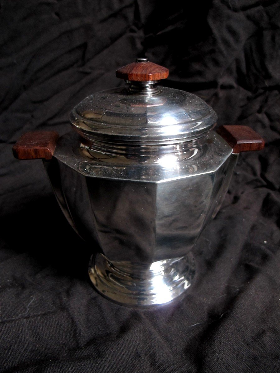 Service Thé Café Art Deco Métal Argenté  palissandre Plateau Et Quatres Pièces -photo-5