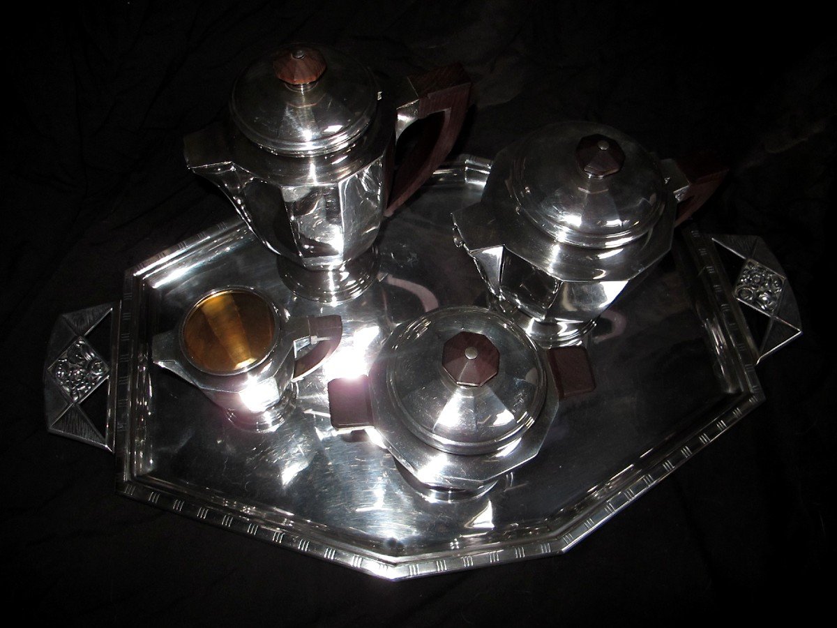 Service Thé Café Art Deco Métal Argenté  palissandre Plateau Et Quatres Pièces 