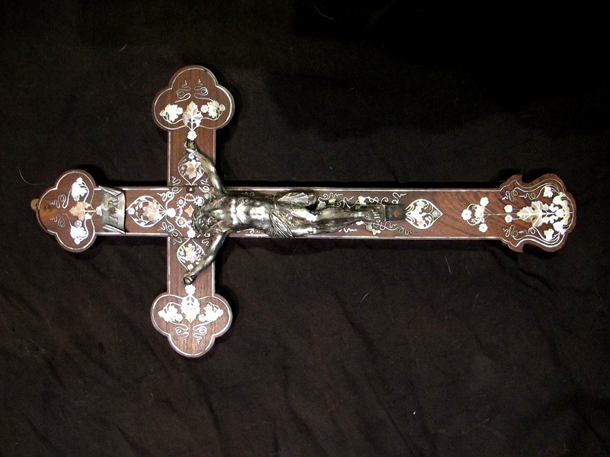 Indochine Tonkin Crucifix Nacre Et Bronze Argente-photo-2