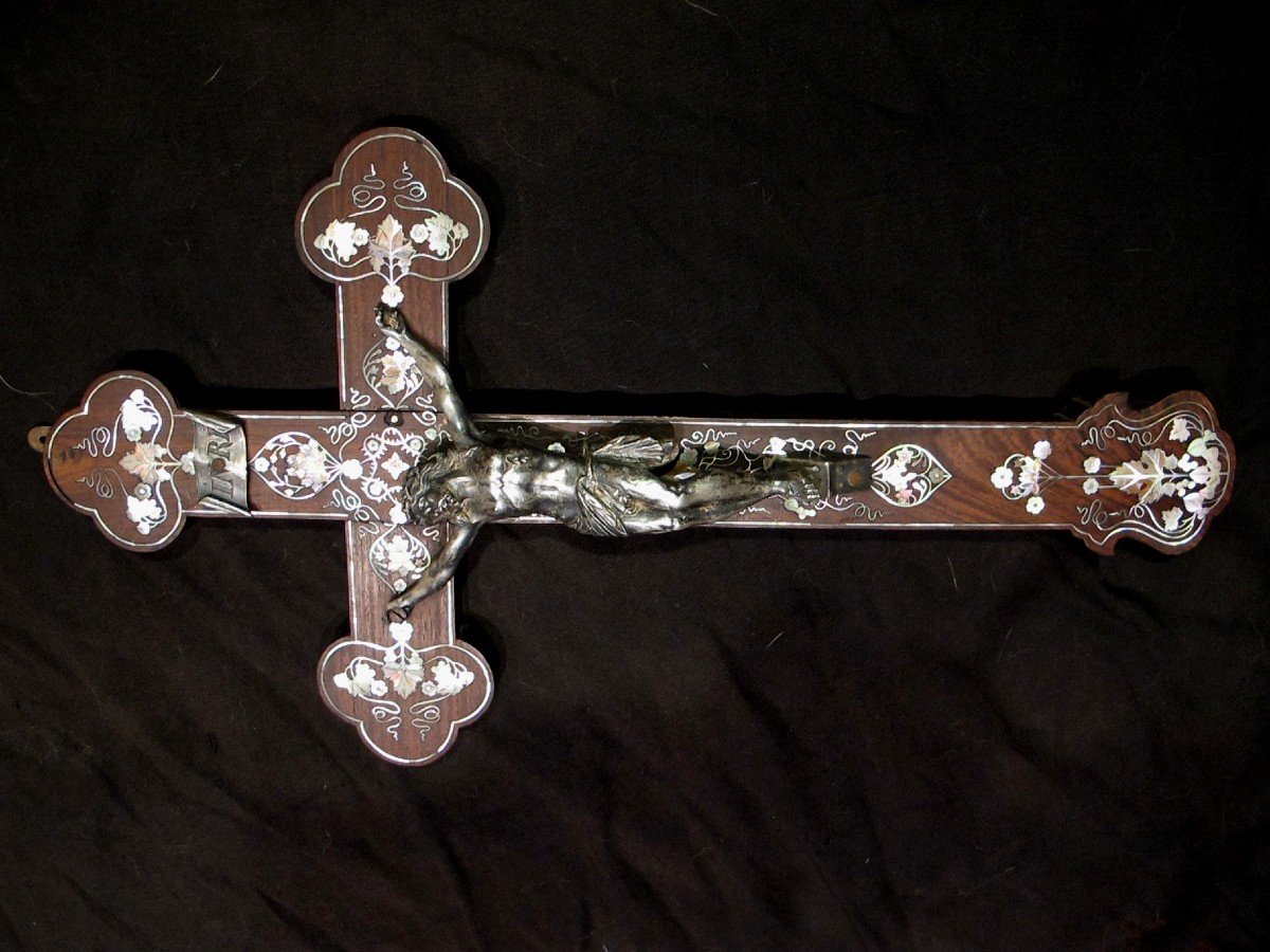 Indochine Tonkin Crucifix Nacre Et Bronze Argente-photo-3