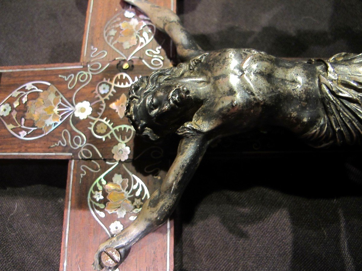 Indochine Tonkin Crucifix Nacre Et Bronze Argente-photo-2