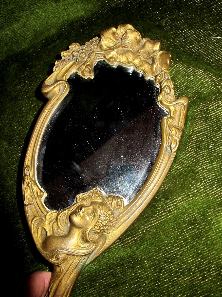  Face A Main Bronze Miroir biseaute Art Nouveau Femme-photo-6
