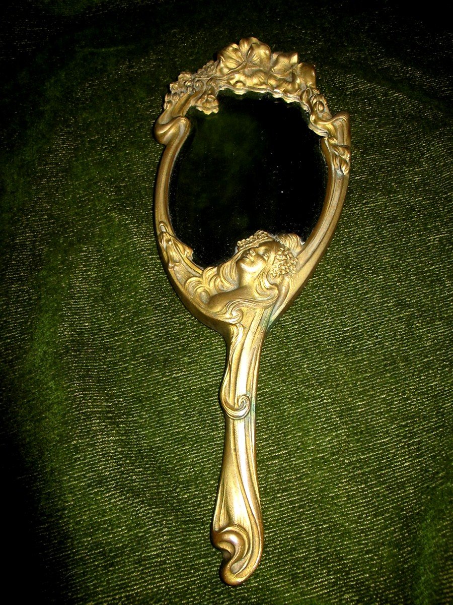  Face A Main Bronze Miroir biseaute Art Nouveau Femme