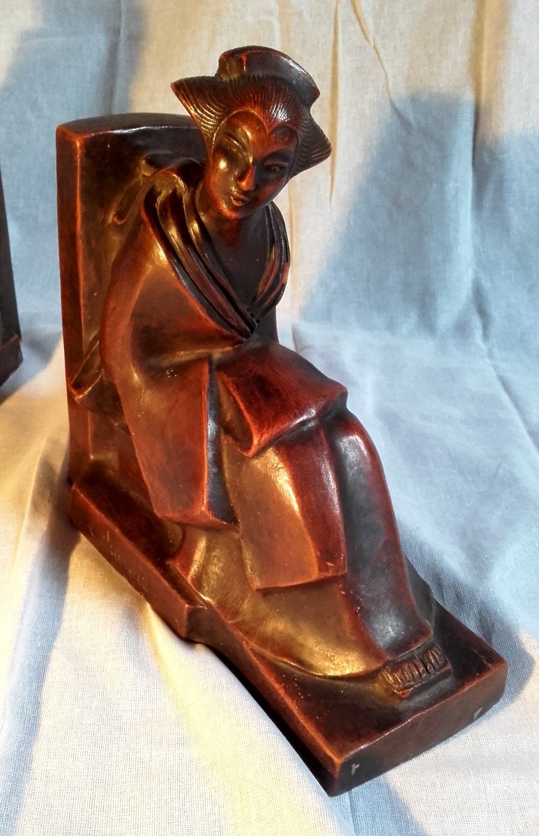 Art Deco Japanese Terracotta Bookends Signed Lacharme-photo-3
