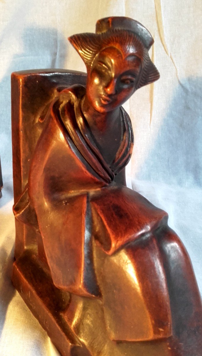 Art Deco Japanese Terracotta Bookends Signed Lacharme-photo-4