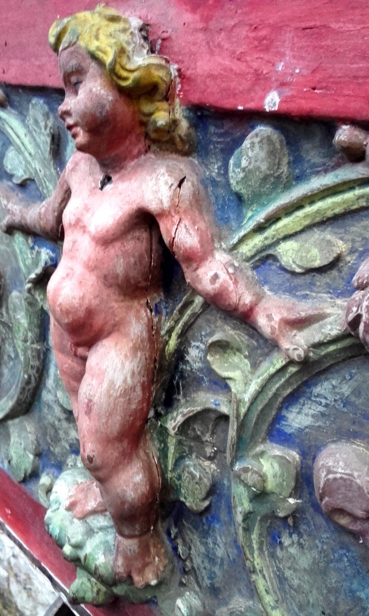 XVII Part Of Altarpiece With Polychrome Cherub-photo-2