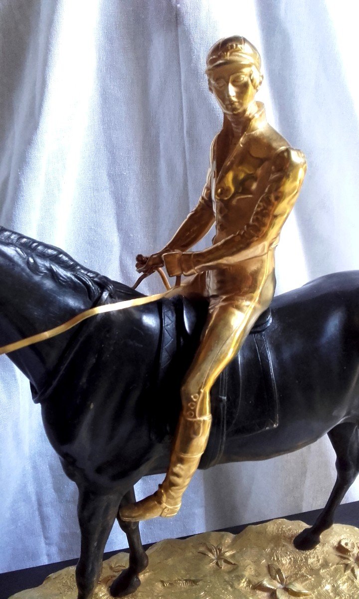 Beautiful Charles X Jockey On His Horse Clock In Gilt Bronze And Black Patina 59 Cm-photo-3