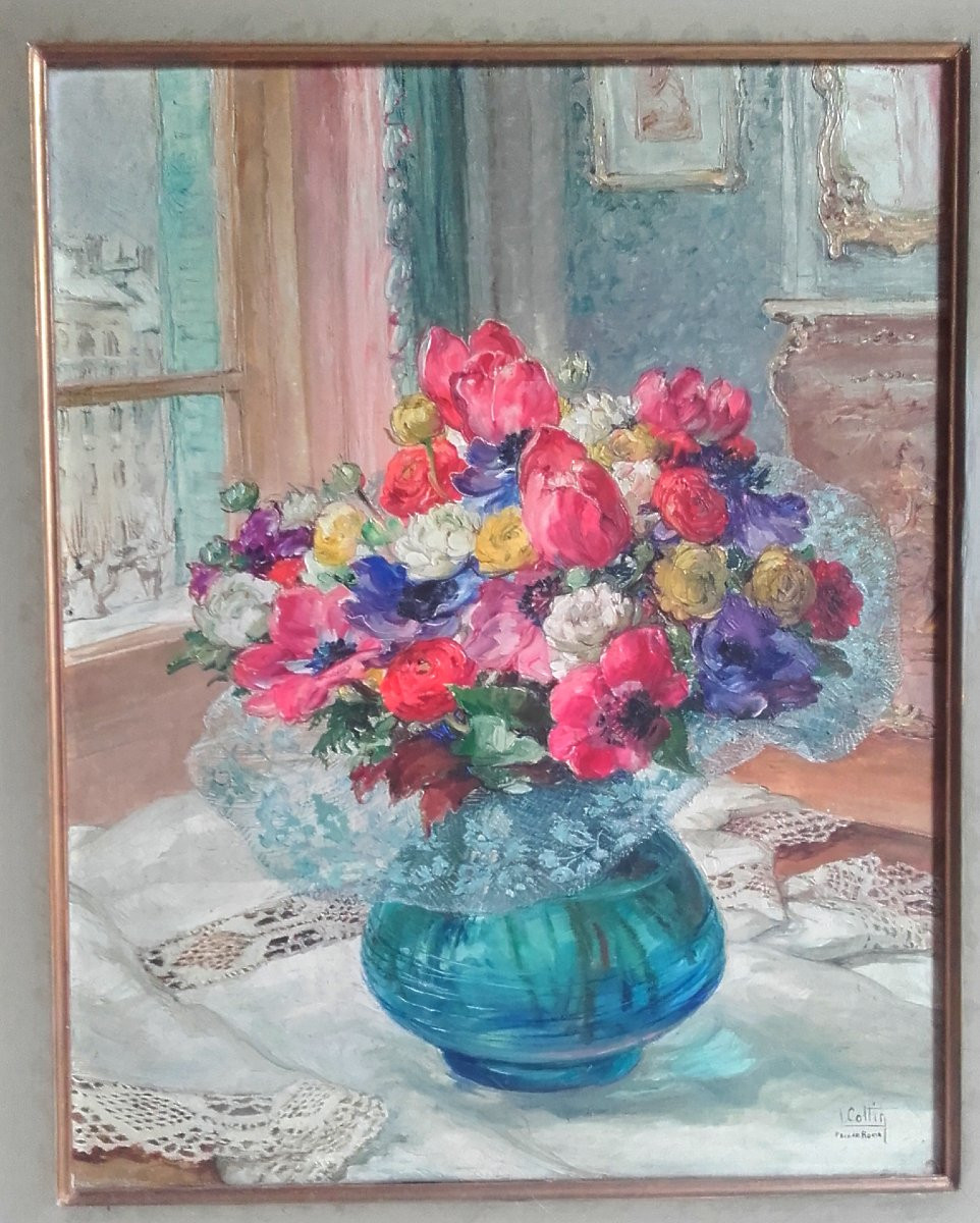 Oil On Canvas Bouquet Of Flowers In Winter Louise Cottin-photo-2