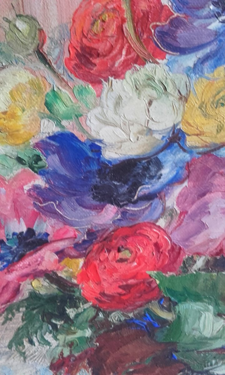 Oil On Canvas Bouquet Of Flowers In Winter Louise Cottin-photo-1