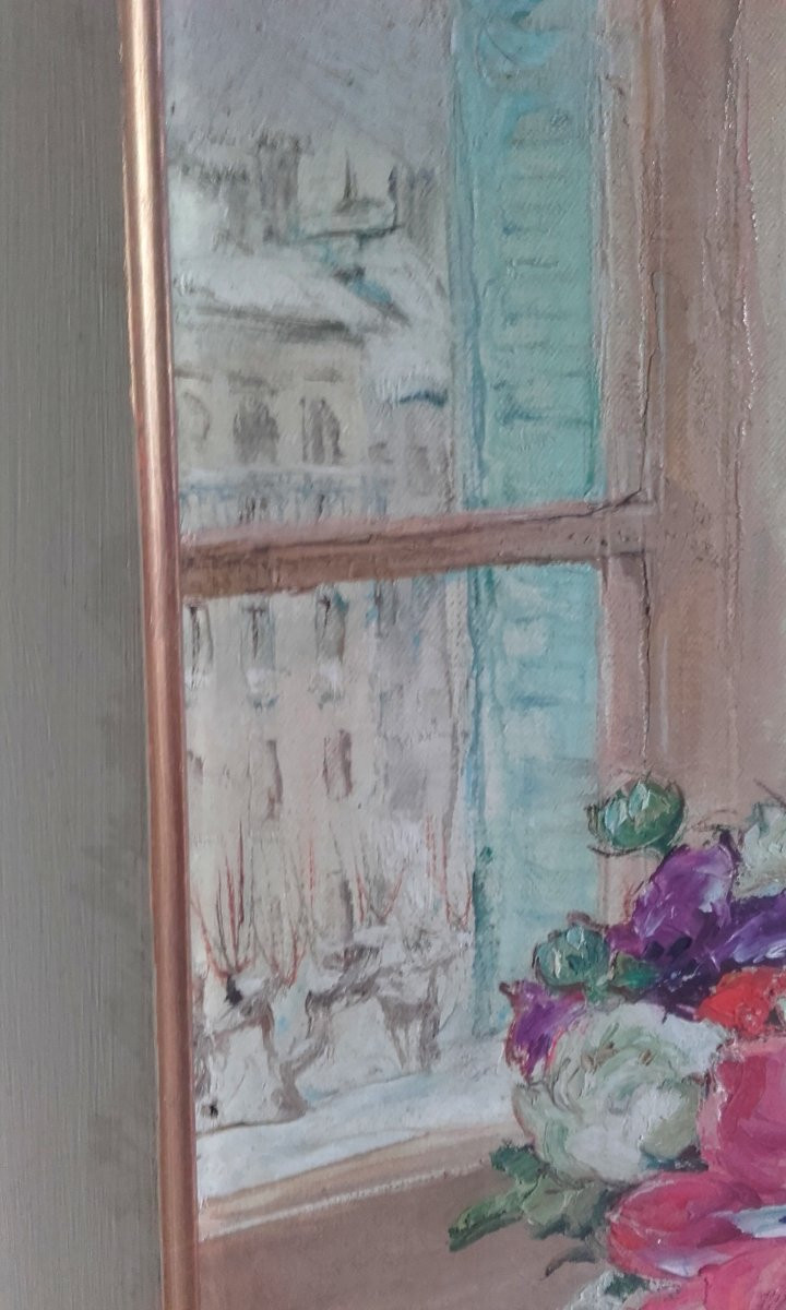 Oil On Canvas Bouquet Of Flowers In Winter Louise Cottin-photo-2
