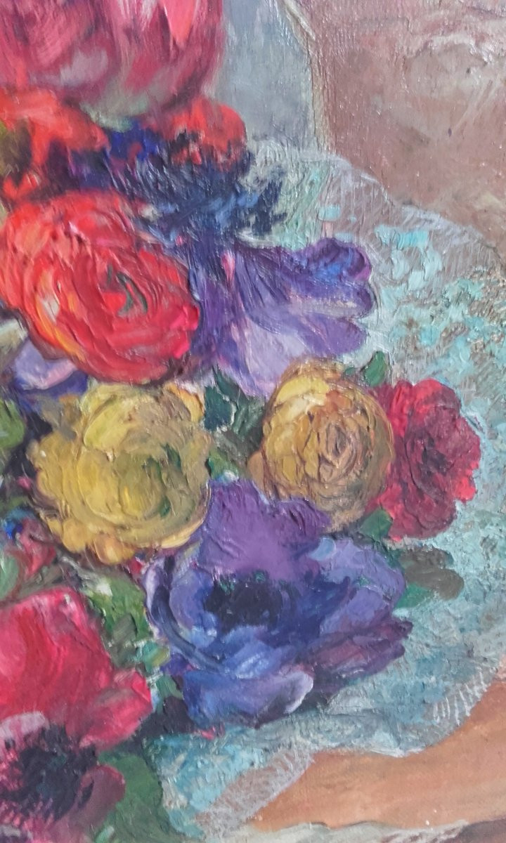 Oil On Canvas Bouquet Of Flowers In Winter Louise Cottin-photo-5