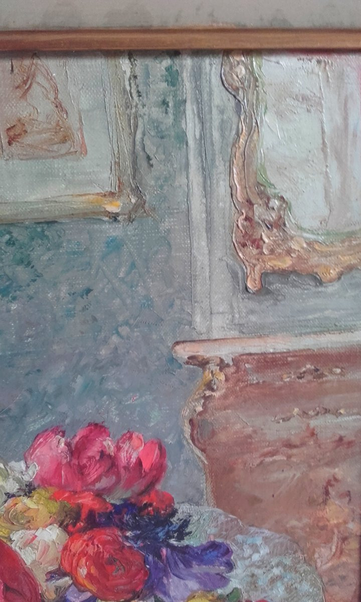 Oil On Canvas Bouquet Of Flowers In Winter Louise Cottin-photo-6
