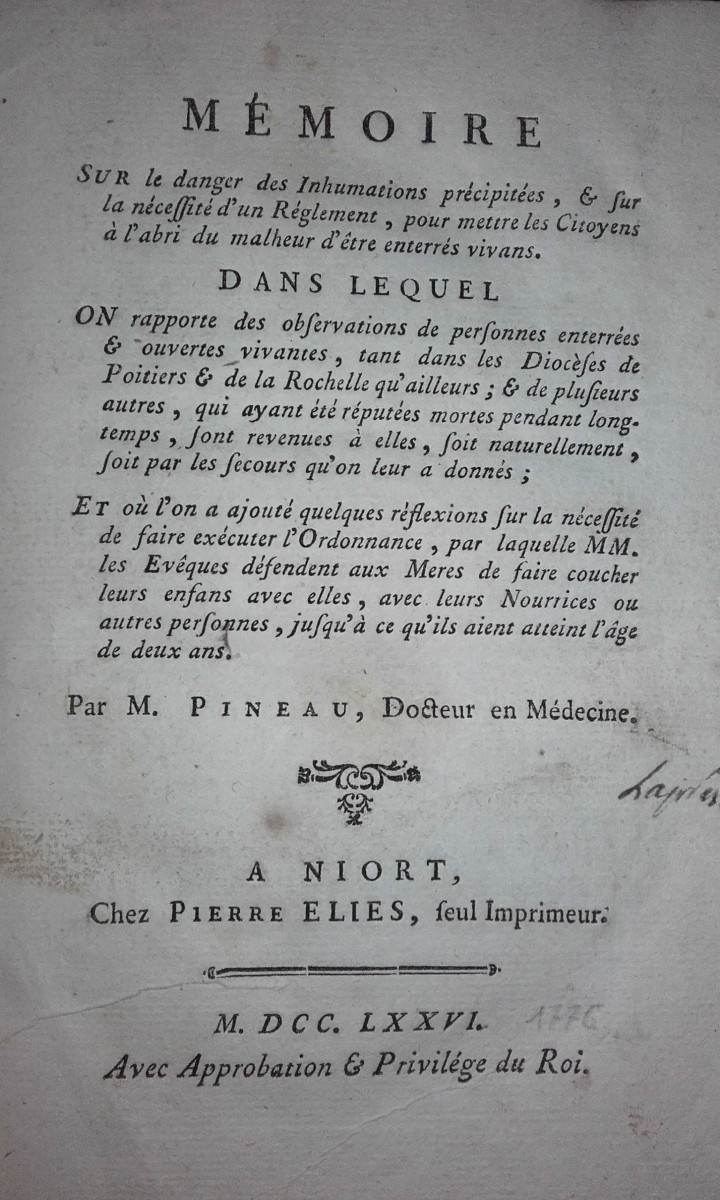 1776 Rare Curiosity: Medicine Memoir On The Danger Of Hasty Burials  
