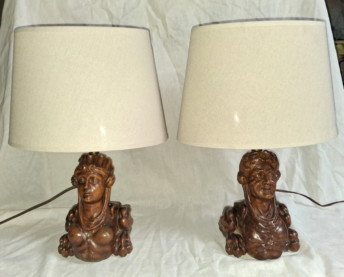 Pair Of Renaissance Carved Wooden Lamps