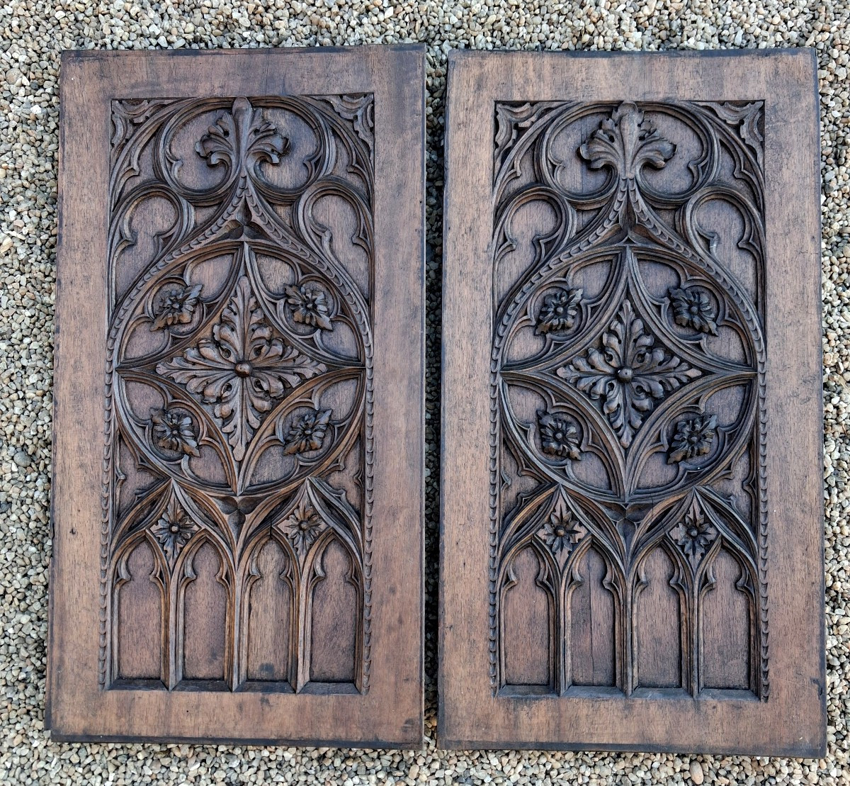 Pair Of Gothic Carved Walnut Panels, 68 X 36 Cm