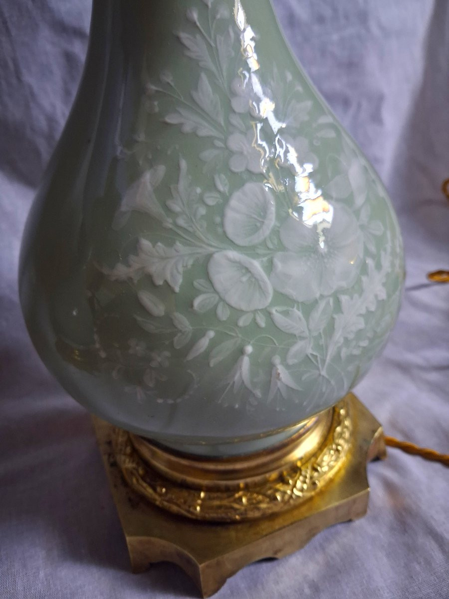 Paire de lampe céladon bronze et porcelaine-photo-3