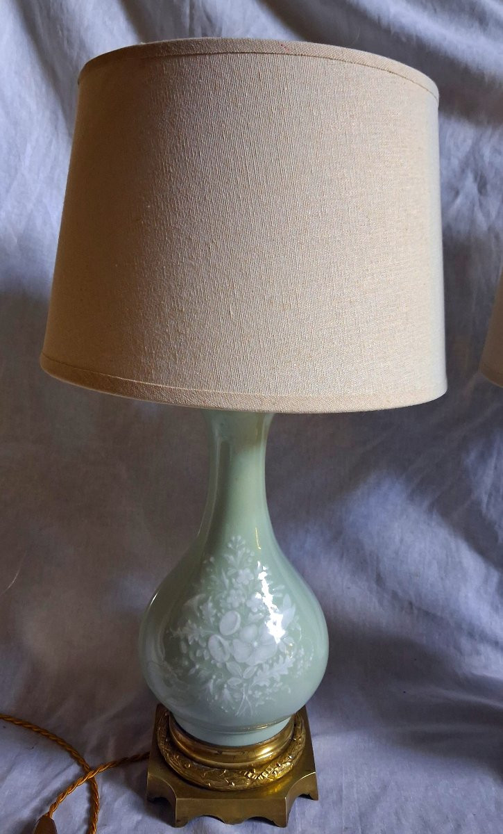 Paire de lampe céladon bronze et porcelaine-photo-4