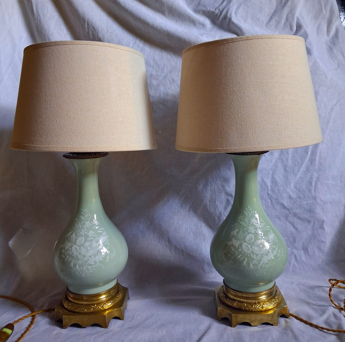 Paire de lampe céladon bronze et porcelaine