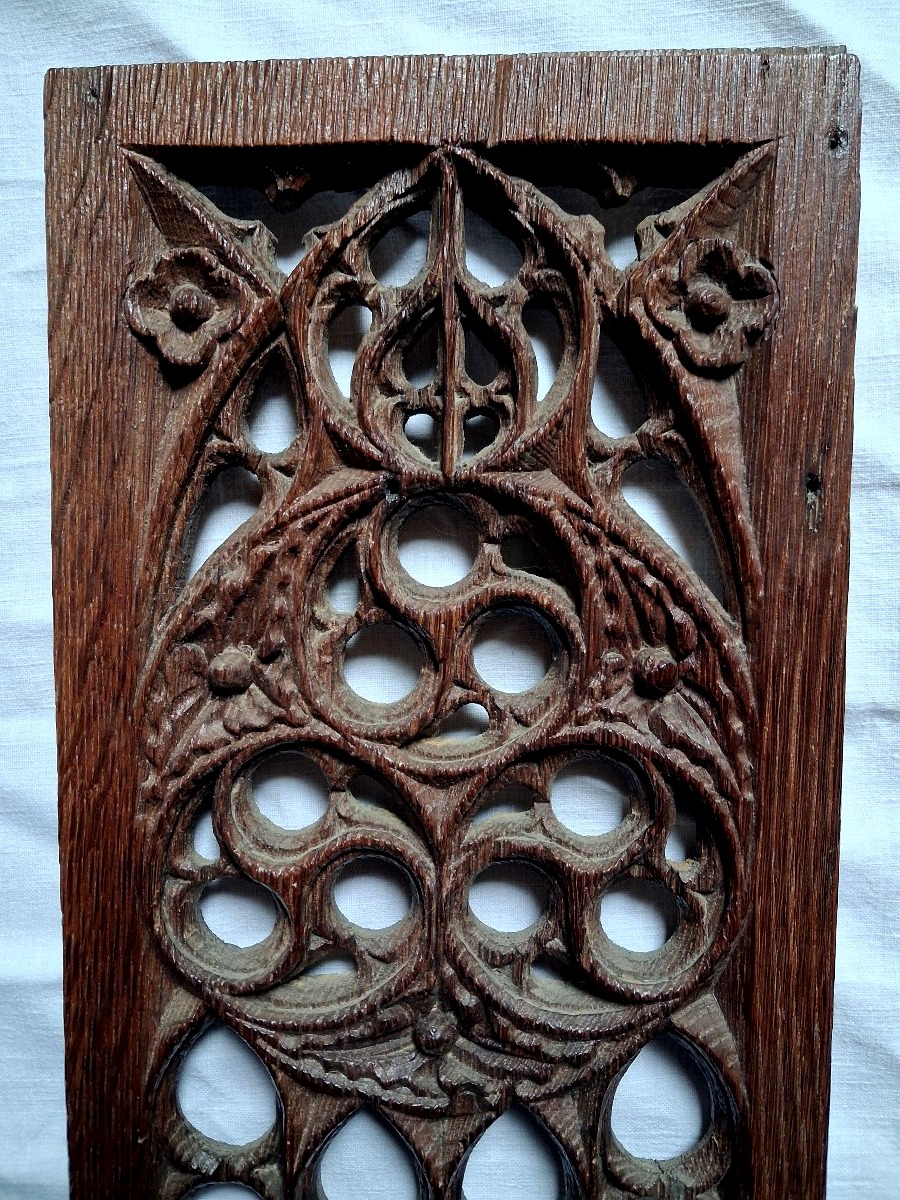 Panneau gothique a fenestrage ajouré en chene circa 1500-photo-4