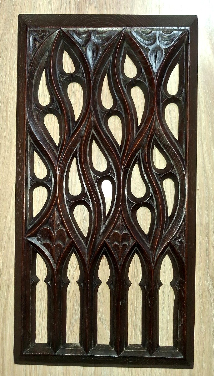 Two Gothic Oak Panels With Openwork Windows From The 19th Century-photo-2