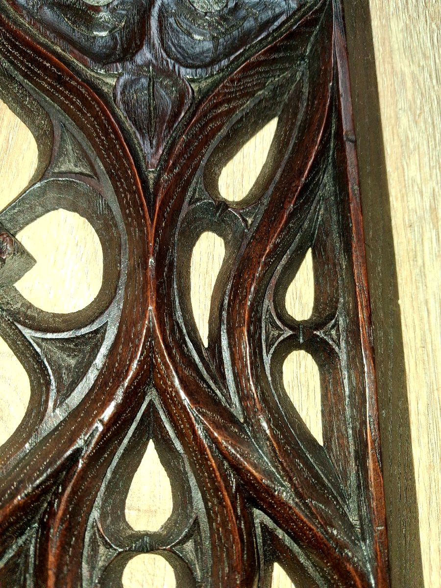 Two Gothic Oak Panels With Openwork Windows From The 19th Century-photo-5