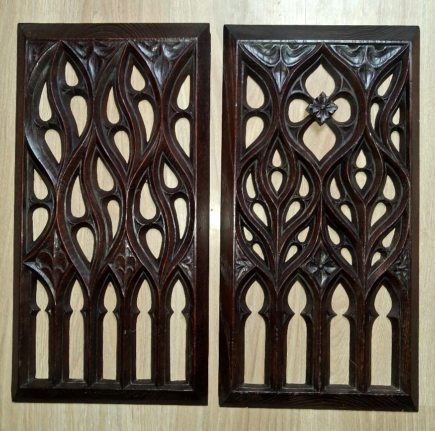 Two Gothic Oak Panels With Openwork Windows From The 19th Century