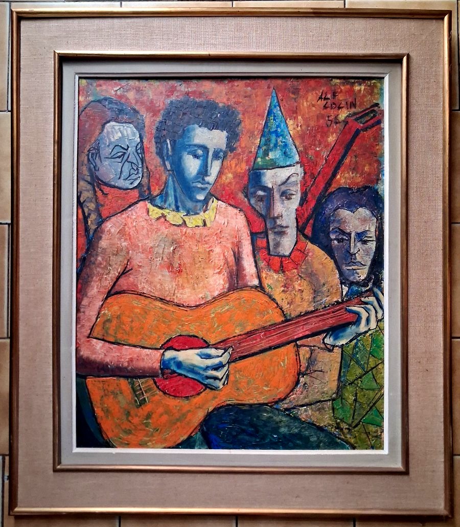 1956  Guitariste et ses amis  huile sur panneau 65X54 cm