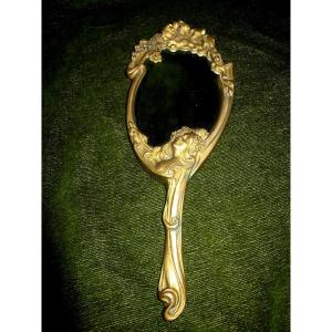 Face A Main Bronze Beveled Mirror Art Nouveau Woman