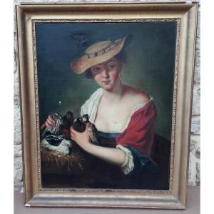 Femme Aux Oiseaux d'Aprés Antoine Pesne   96x79 Cm