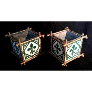 XIX Pair Of Minton Tiles Flower Boxes Golden Wood Bamboo Fleurs De Lys