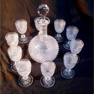 XIX Baccarat Carafe And Ten Glasses In Diamond Point Crystal