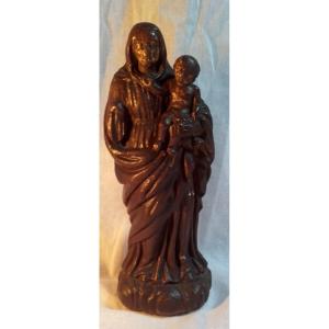 XVII Vierge A l'Enfant En Bois Sculpté