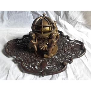 Important encrier en bronze Sphère armillaire couronne de Marquis  