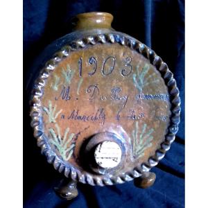 Art populaire vinaigrier terre cuite émaillé Patronymique daté et situé