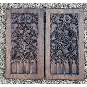 Pair Of Gothic Carved Walnut Panels, 68 X 36 Cm